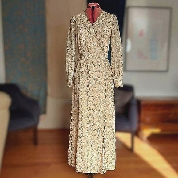 Vtg 70s tailor-made brocade formal V-neck faux wrap gown - Picture 1 of 14